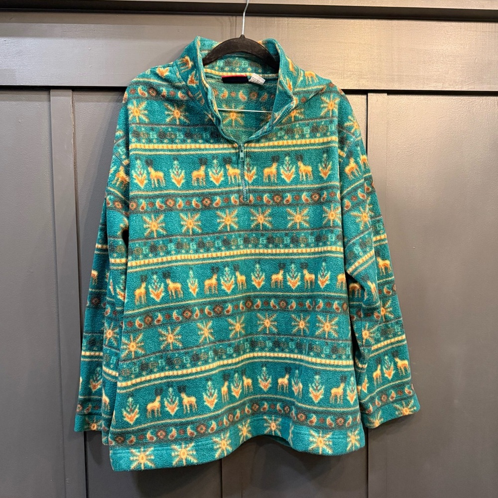 Bugle Boy Vintage Teal Green Orange Brown Snowfleece Pullover Quarter Zip